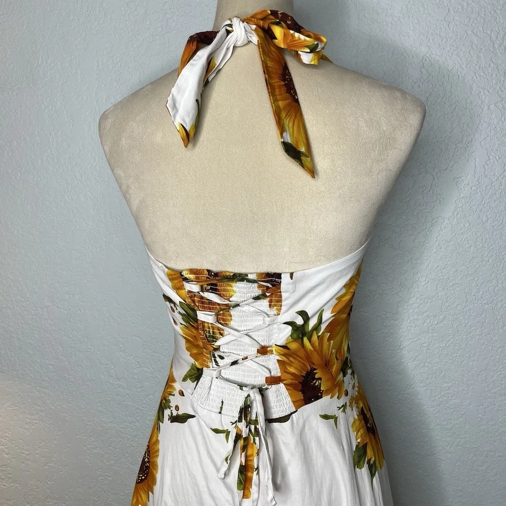 Topdress 1950s Halter Retro Cocktail Dress Sunflower Lace Up Corset Back M - Picture 4 of 10
